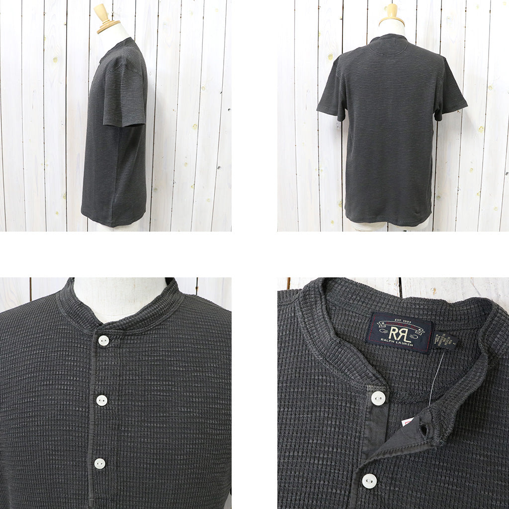Double RL : WAFFLE-KNIT SHORT-SLEEVE HENLEY SHIRT (BLACK)