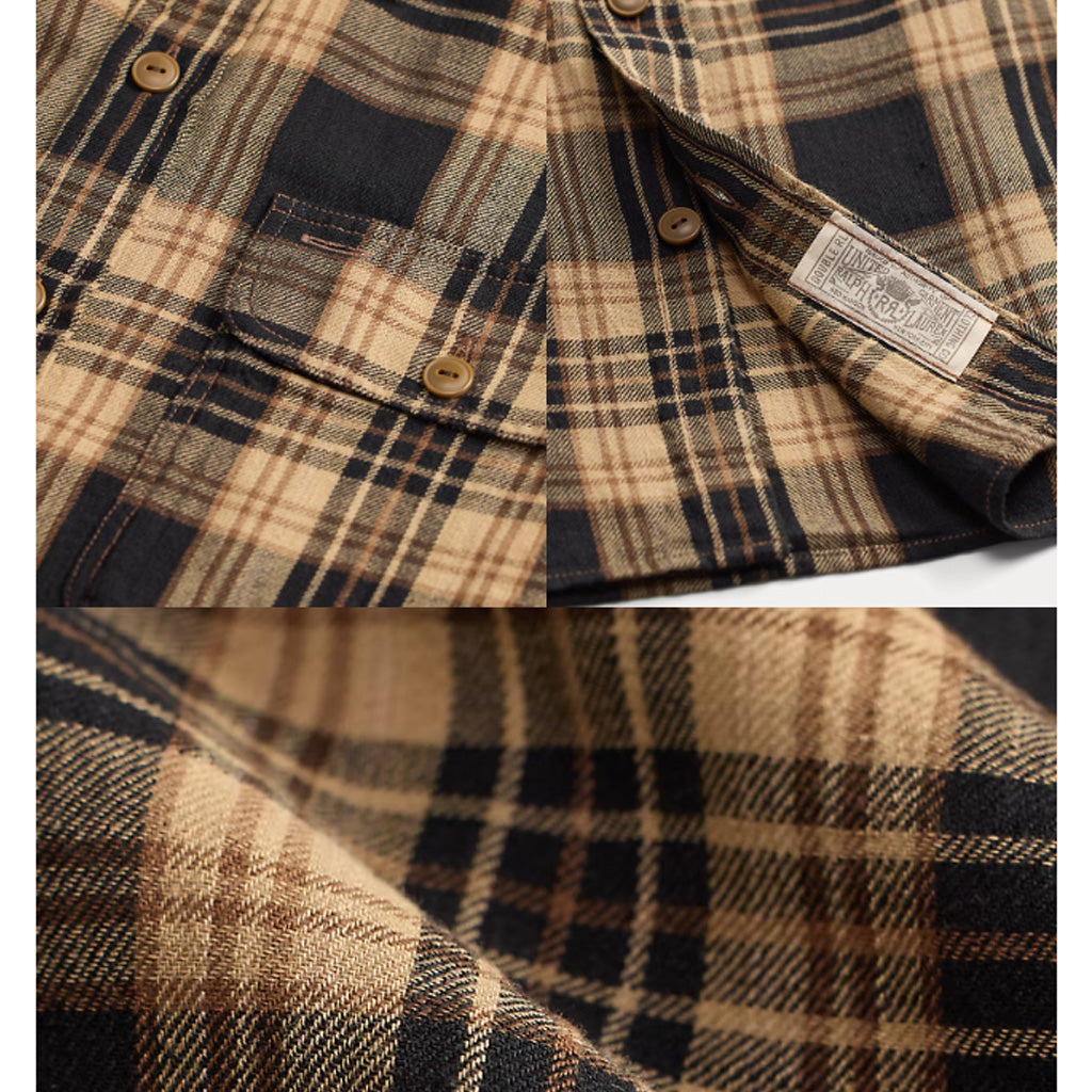 Double RL : PLAID COTTON LINEN WORK SHIRT (BLACK/BROWN/TAN)