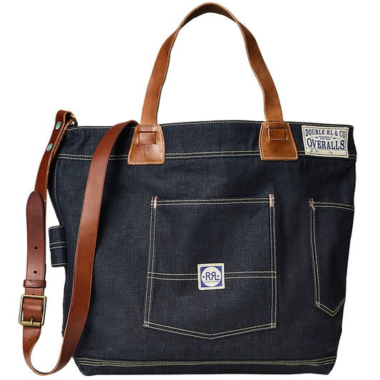 Double RL : LEATHER-TRIM INDIGO DENIM TOTE
