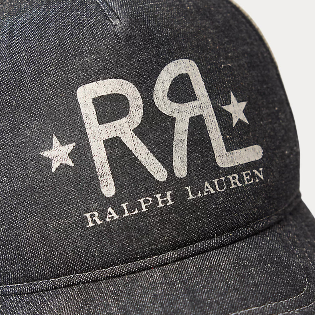 Double RL : RRL RANCH LOGO DENIM TRUCKER CAP (BLACK/WHITE)
