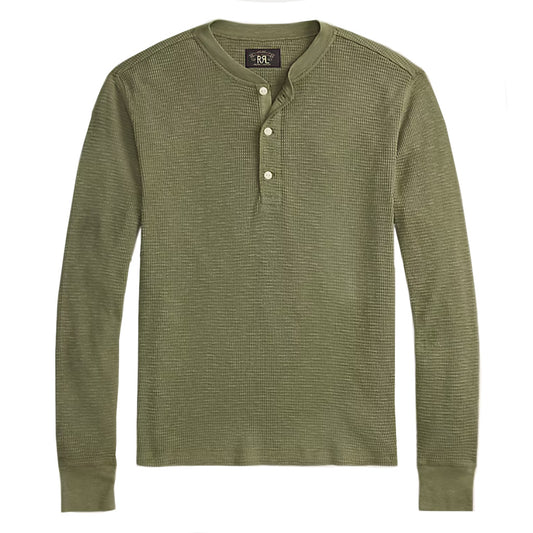 Double RL : GARMENT-DYED WAFFLE-KNIT HENLEY SHIRT (TREE GREEN)
