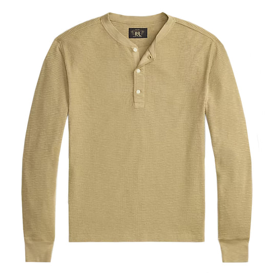 Double RL : GARMENT-DYED WAFFLE-KNIT HENLEY SHIRT (SPRING BEIGE)