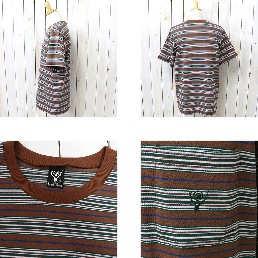 SOUTH2 WEST8 : S/S Round Pocket Tee-Cotton Multi Wide Stripe Jersey (Brown)