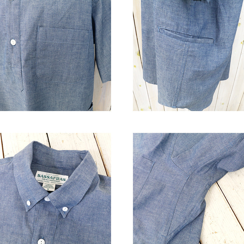 SASSAFRAS『WHEEL BARROW SHELL SHIRT 1/2(5oz CHAMBRAY)』(BLUE)