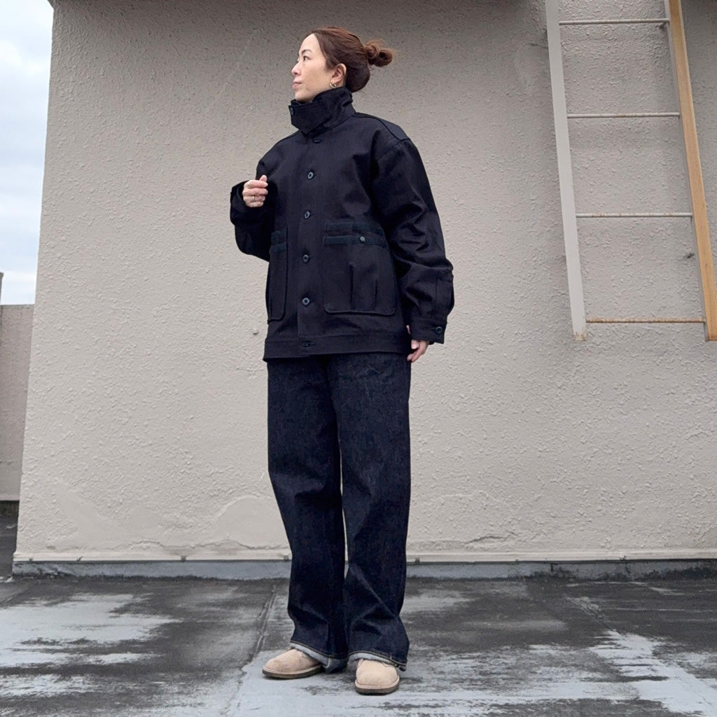 SASSAFRAS : OVERGROWN TRUG JACKET(HERRINGBONE DENIM) (INDIGO/BLACK)