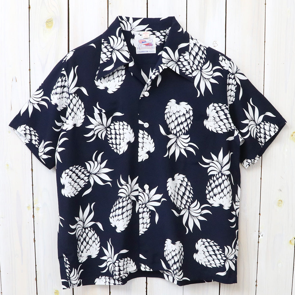 DUKE KAHANAMOKU : S/S RAYON HAWAIIAN SHIRT-DUKE'S PINEAPPLE (NAVY