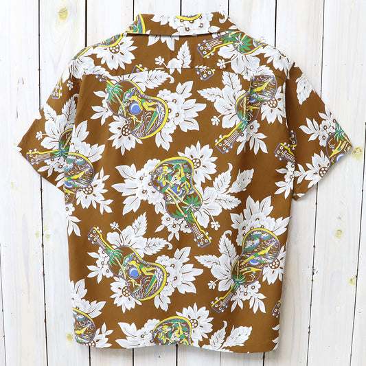 SUN SURF : S/S RAYON HAWAIIAN SHIRT-UKULELE MELODY (BROWN)