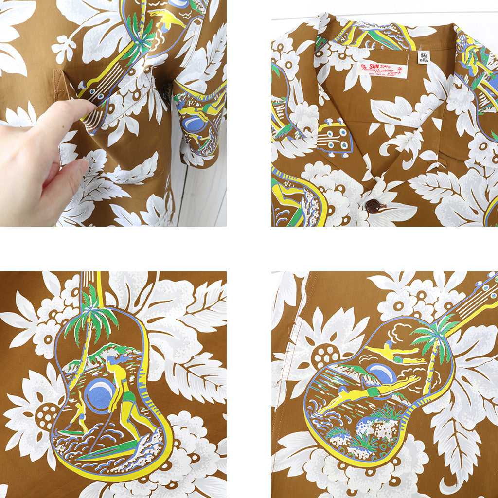 SUN SURF : S/S RAYON HAWAIIAN SHIRT-UKULELE MELODY (BROWN)