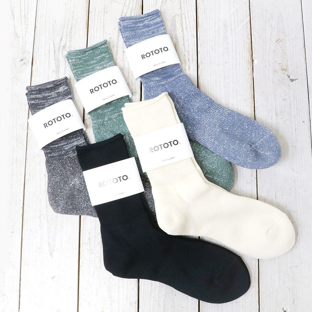 『ROTOTO』WASHI PILE CREW SOCKS,RECYCLED COTTON STRIPE SOCKS,PORTHOLE DOT SOCKS