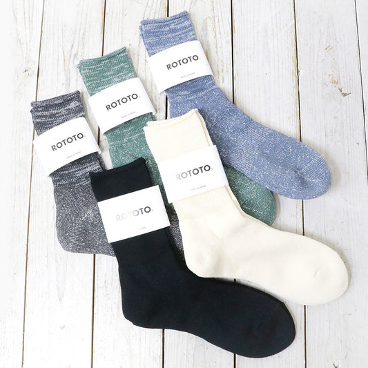 『ROTOTO』WASHI PILE CREW SOCKS,RECYCLED COTTON STRIPE SOCKS,PORTHOLE DOT SOCKS