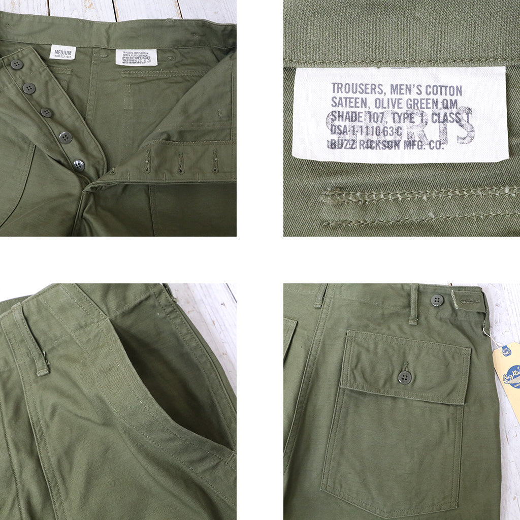 BUZZ RICKSON’S : TROUSERS MEN'S COTTON SATEEN OLIVE GREEN QM SHADE 107,TYPE I,CLASS SHORTS