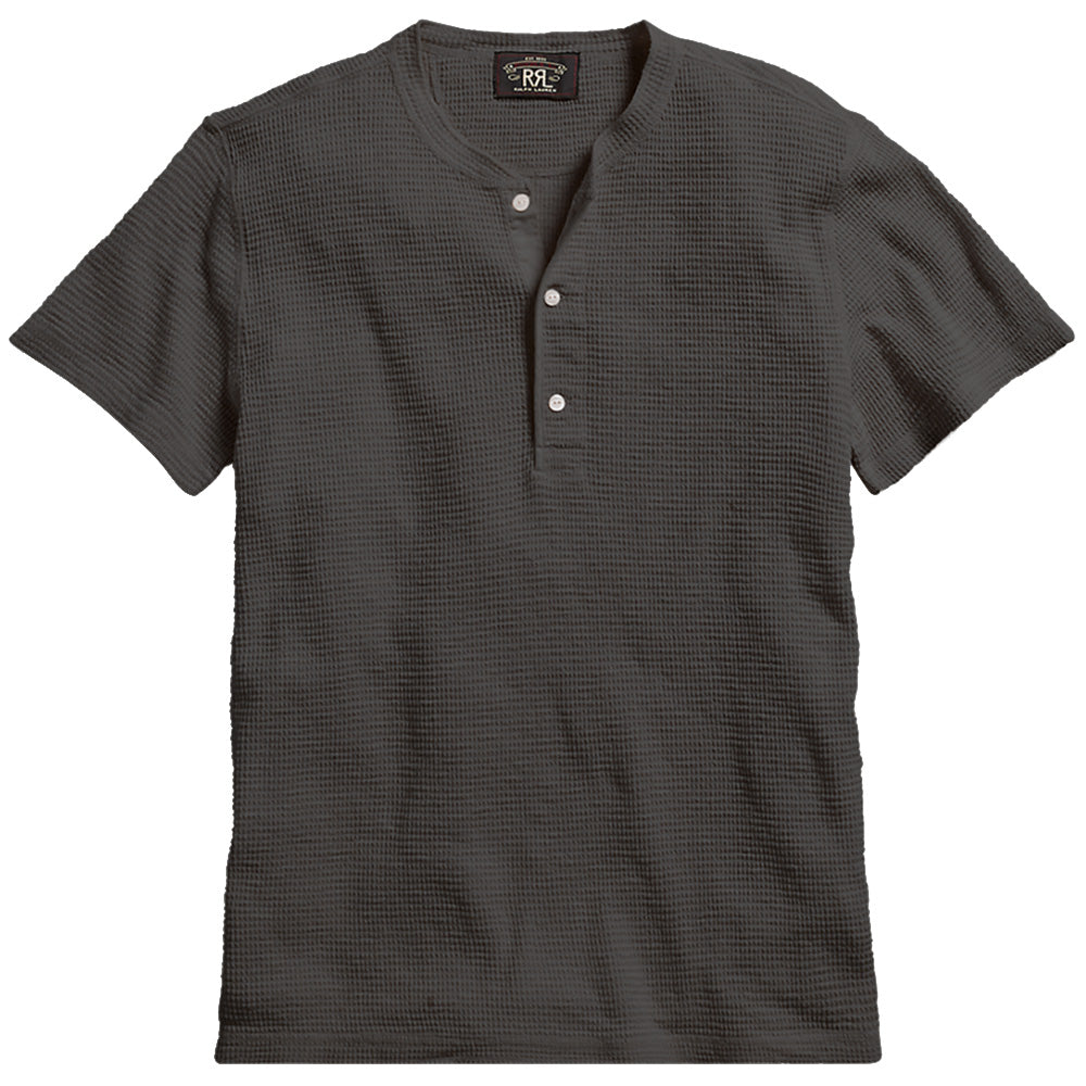 Double RL : WAFFLE-KNIT SHORT-SLEEVE HENLEY SHIRT (BLACK)
