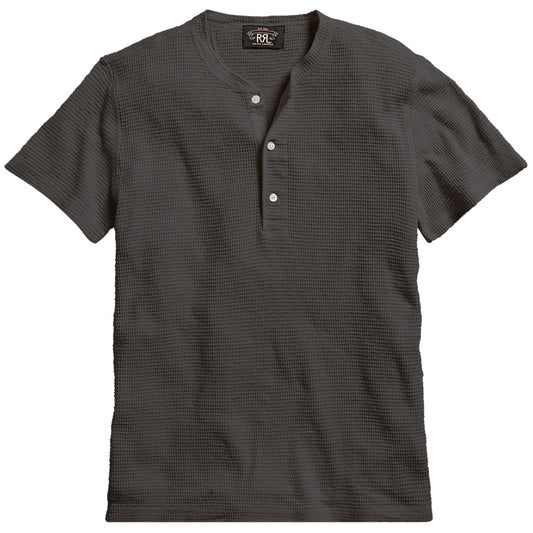 Double RL : WAFFLE-KNIT SHORT-SLEEVE HENLEY SHIRT (BLACK)