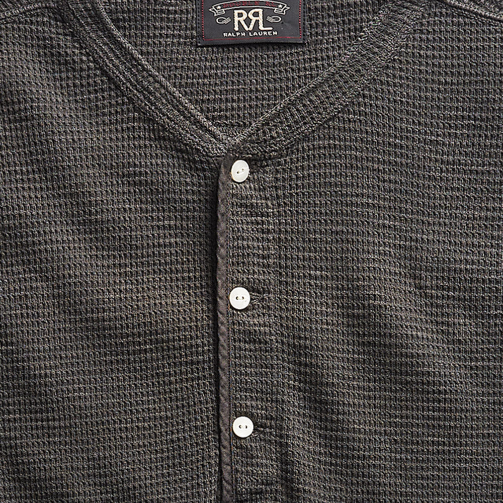 Double RL : WAFFLE-KNIT SHORT-SLEEVE HENLEY SHIRT (BLACK)