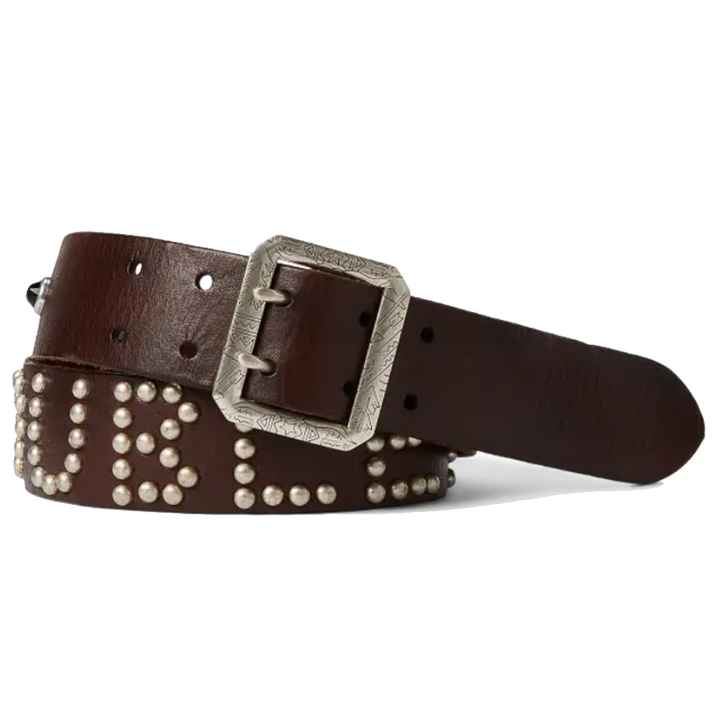 Double RL : STUDDED-LOGO LEATHER BELT (DARK BROWN)
