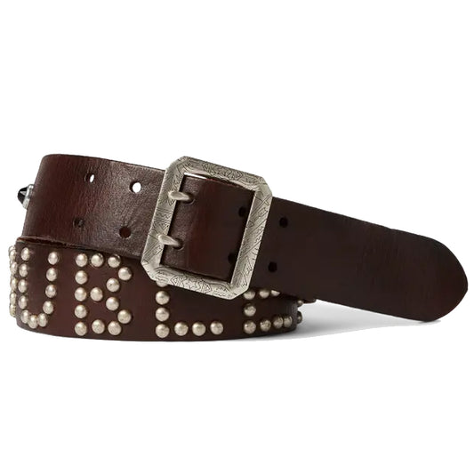 Double RL : STUDDED-LOGO LEATHER BELT (DARK BROWN)