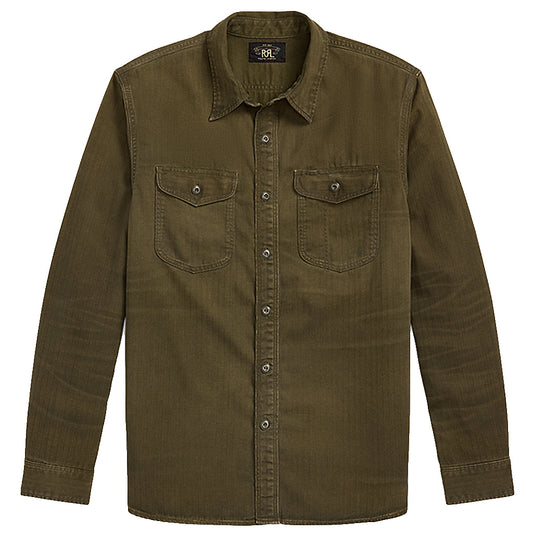 Double RL : GARMENT DYED HERRINGBONE TWILL WORK SHIRT (OLIVE)