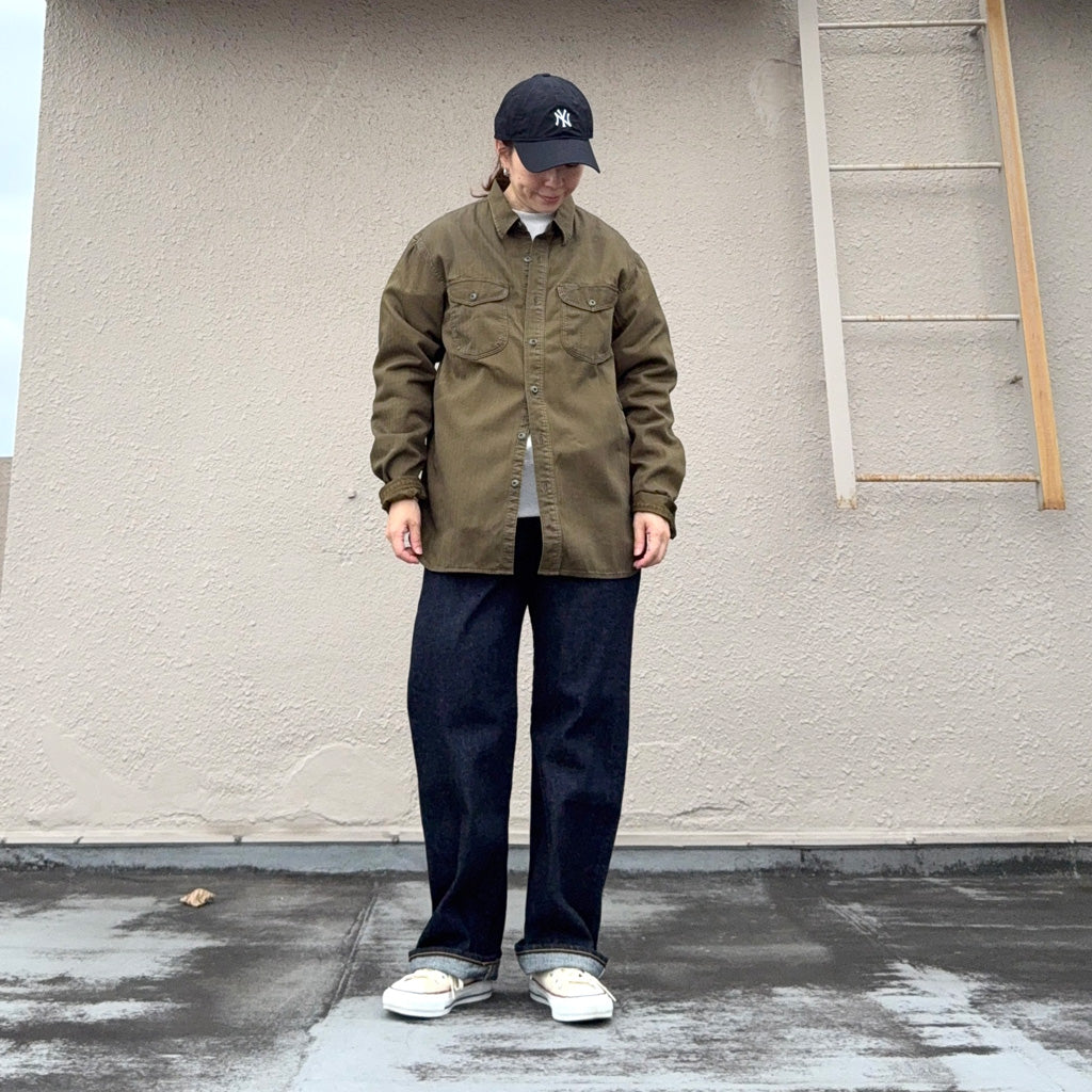 Double RL : GARMENT DYED HERRINGBONE TWILL WORK SHIRT (OLIVE)