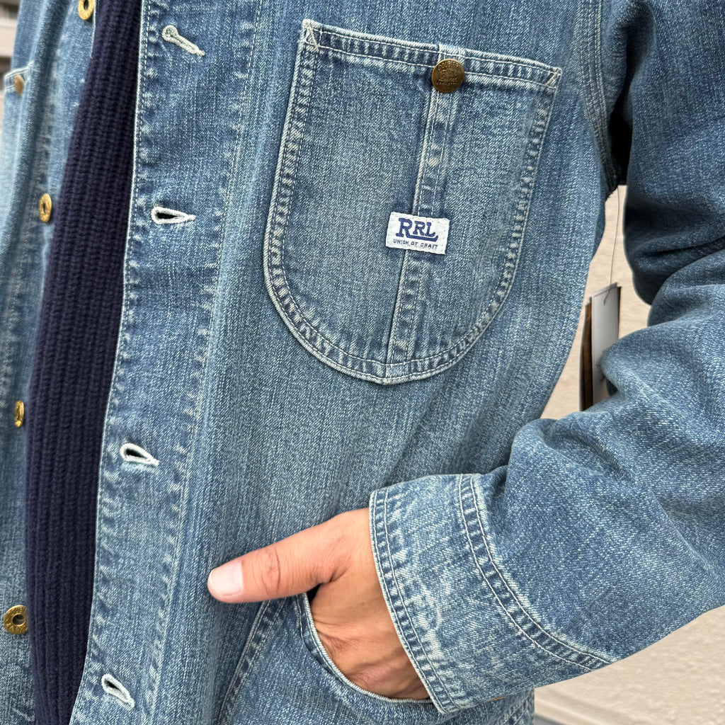 Double RL : CORDUROY-COLLAR INDIGO DENIM JACKET (BLUE)