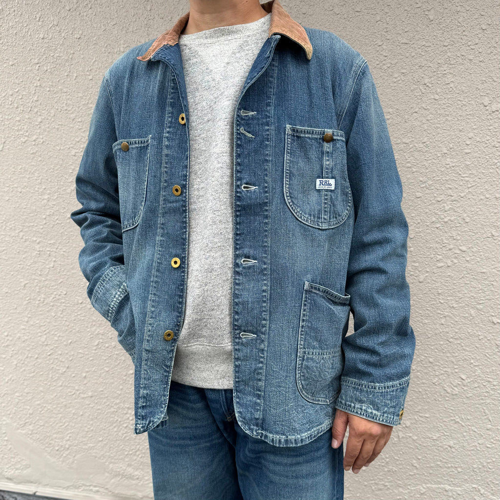 Double RL : CORDUROY-COLLAR INDIGO DENIM JACKET (BLUE)