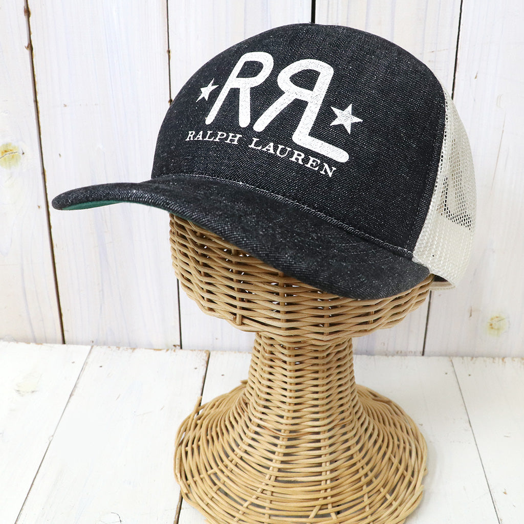 Double RL : RRL RANCH LOGO DENIM TRUCKER CAP (BLACK/WHITE