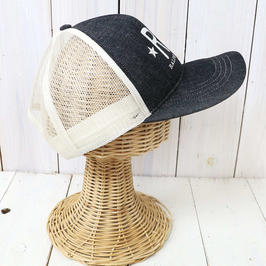 Double RL : RRL RANCH LOGO DENIM TRUCKER CAP (BLACK/WHITE)