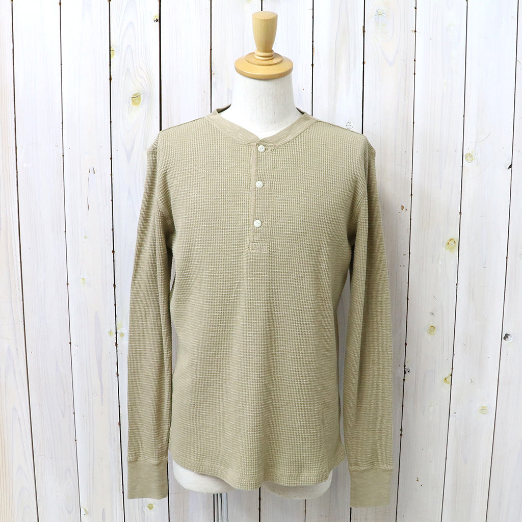 Double RL : GARMENT-DYED WAFFLE-KNIT HENLEY SHIRT (SPRING BEIGE)