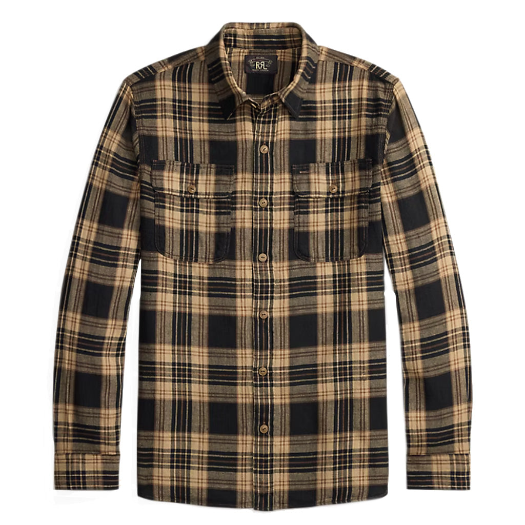 【SALE30%OFF】Double RL : PLAID COTTON LINEN WORK SHIRT (BLACK/BROWN/TAN)