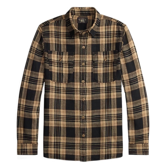 Double RL : PLAID COTTON LINEN WORK SHIRT (BLACK/BROWN/TAN)