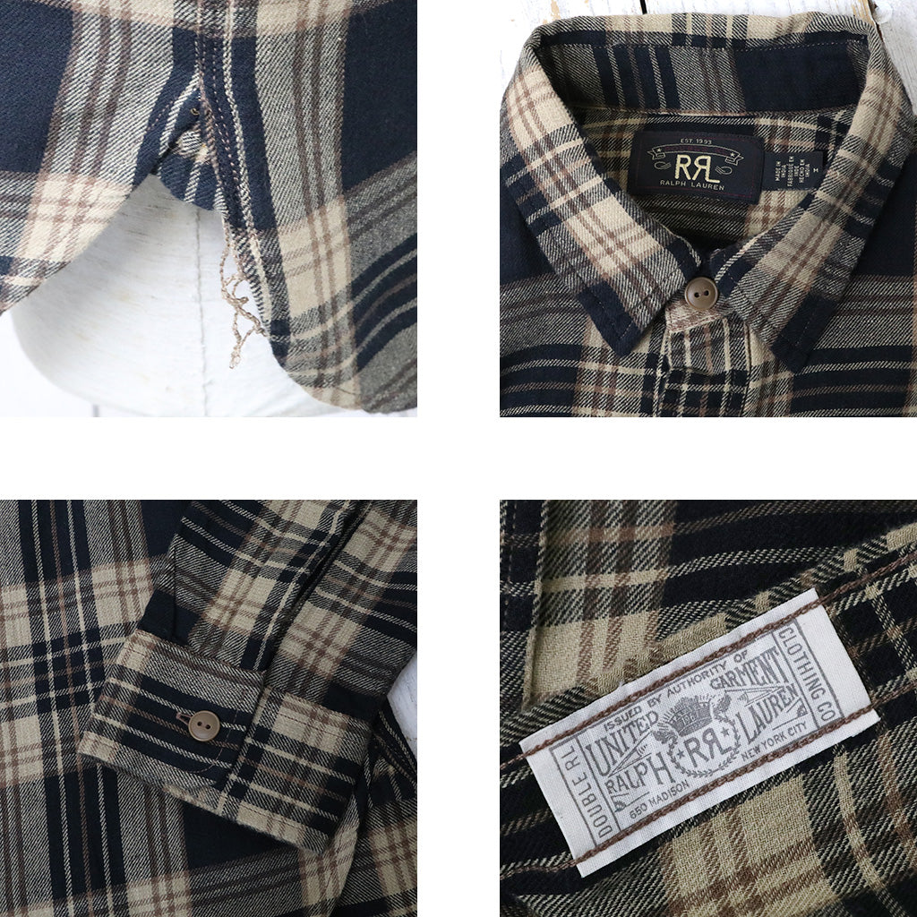 【SALE30%OFF】Double RL : PLAID COTTON LINEN WORK SHIRT (BLACK/BROWN/TAN)