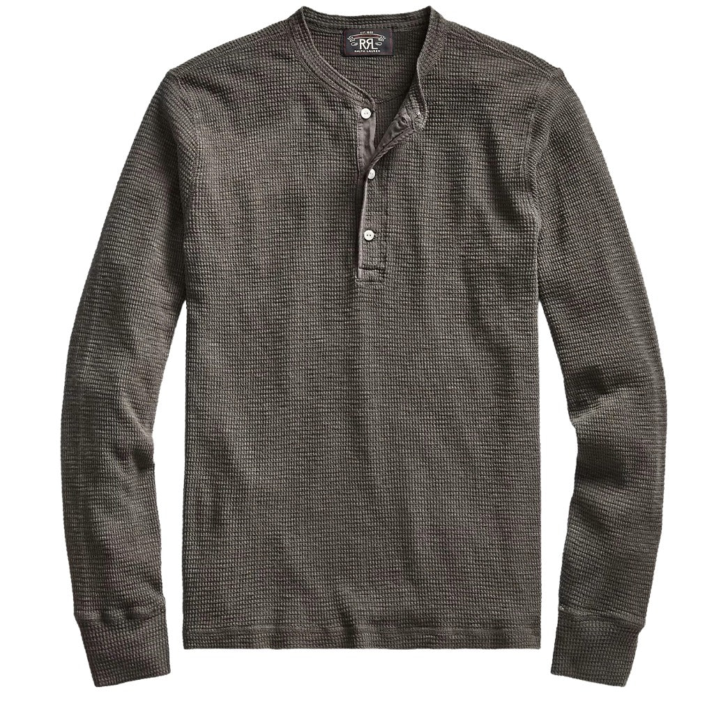 Double RL : WAFFLE-KNIT HENLEY NECK (FADED BLACK CANVAS)