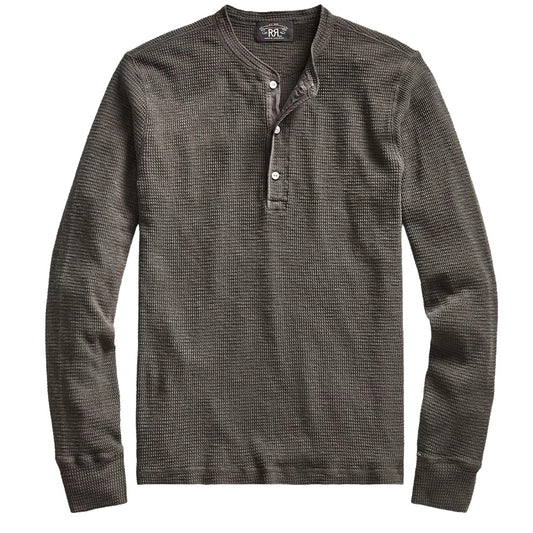 Double RL : WAFFLE-KNIT HENLEY NECK (FADED BLACK CANVAS)