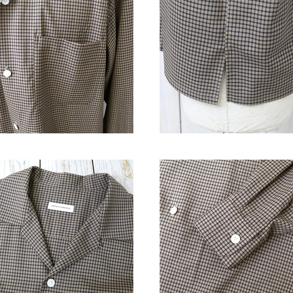 Kaptain Sunshine : Summer Wool Open Collar Shirt (KHAKI PLAID)