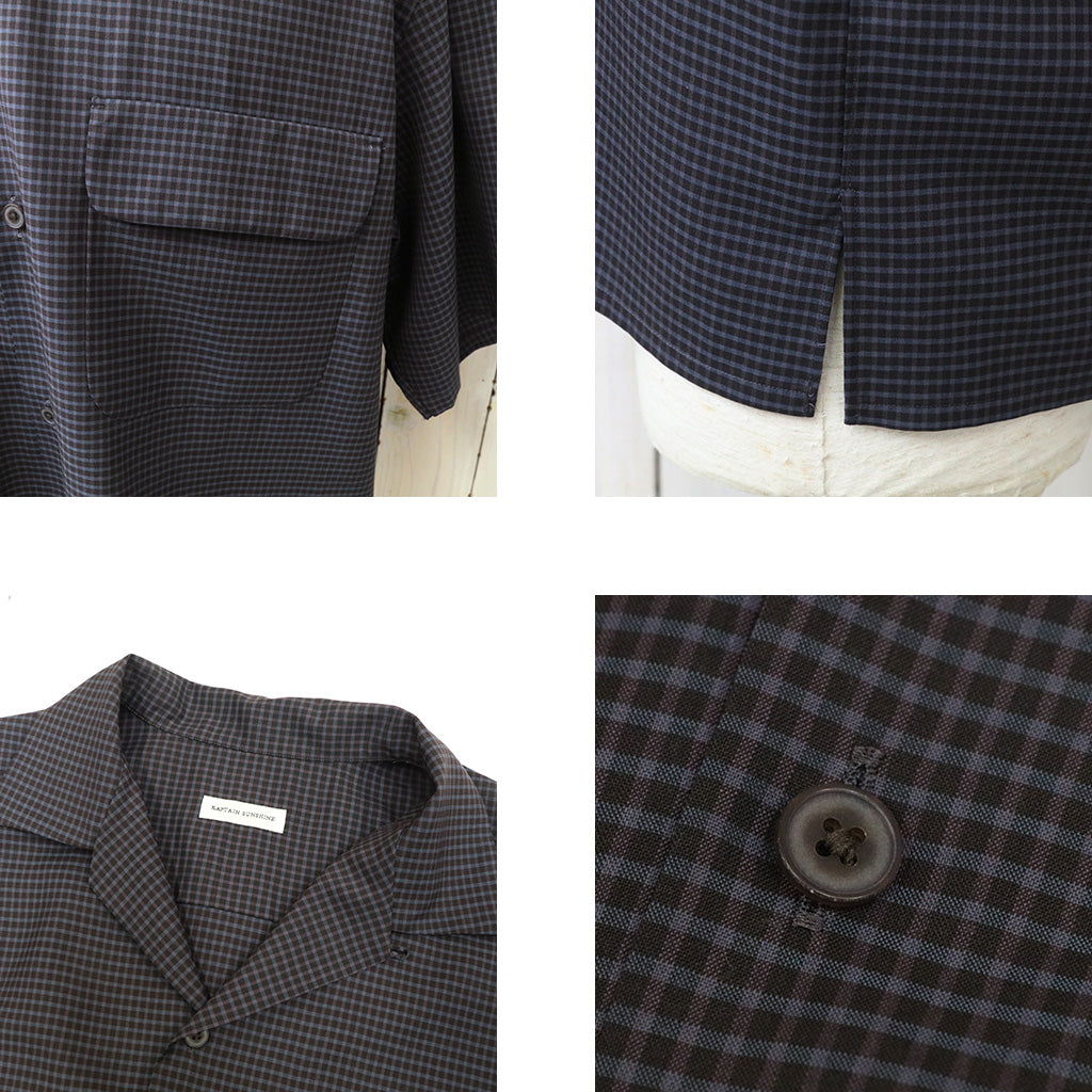 Kaptain Sunshine : Summer Wool Open Collar SS Shirt (BROWN PLAID)