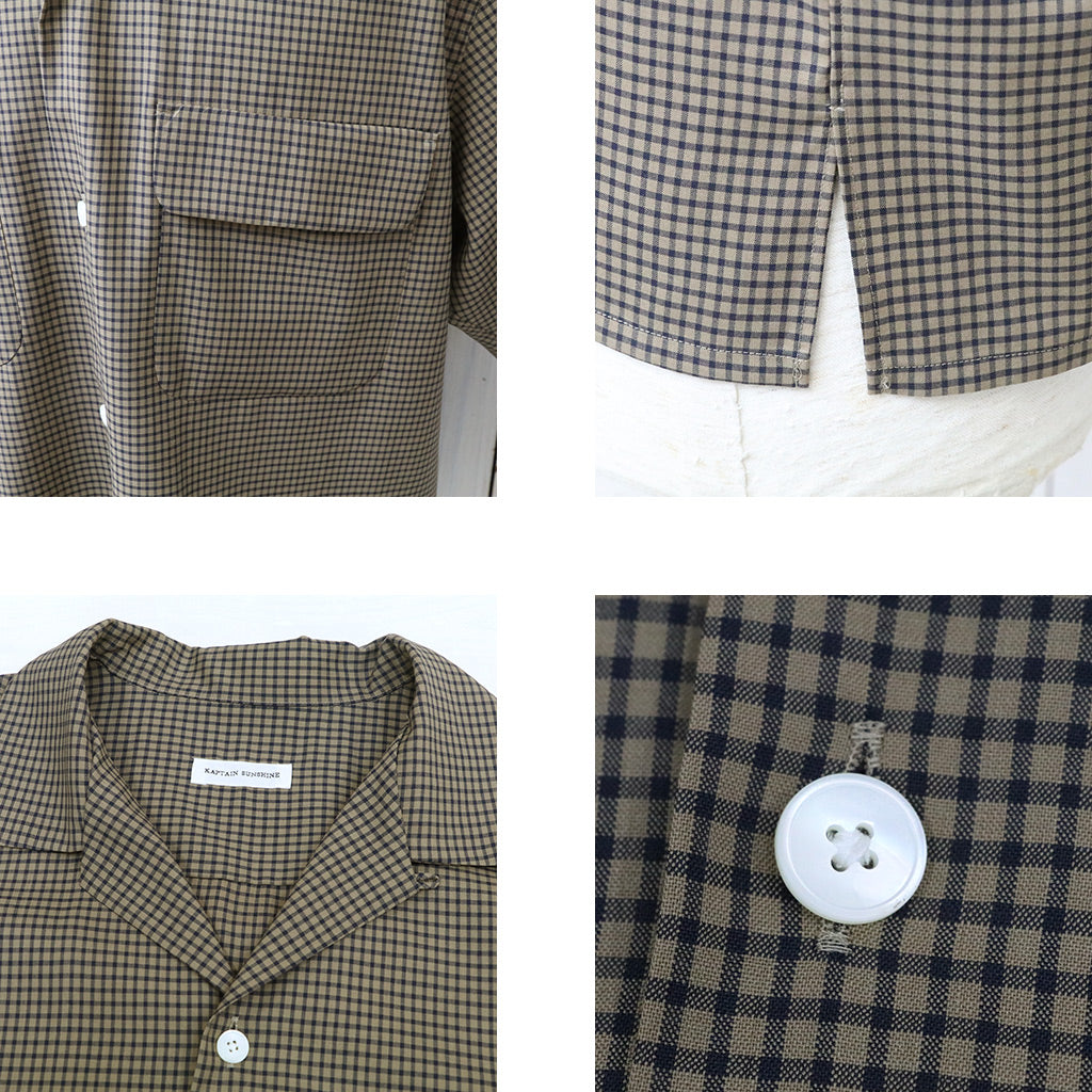 Kaptain Sunshine : Summer Wool Open Collar SS Shirt (KHAKI PLAID)