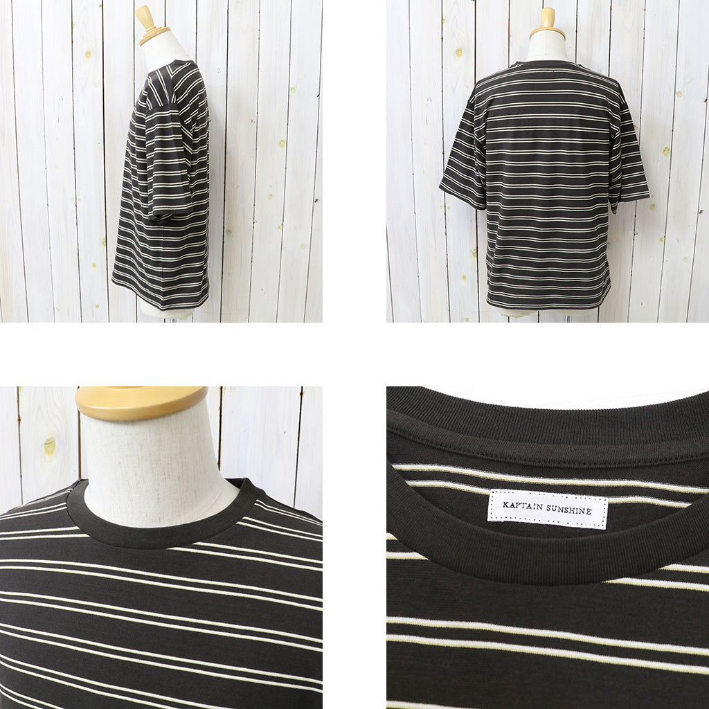 Kaptain Sunshine : Hard Twisted Stripe Jersey Half-sleeve Tee (BROWN WIDE STRIPE)
