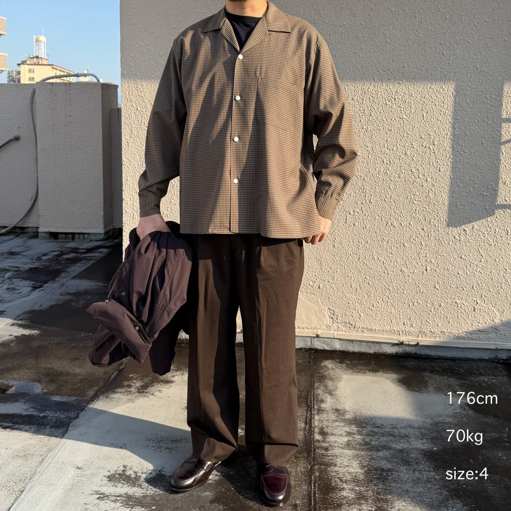 Kaptain Sunshine : Summer Wool Open Collar Shirt (KHAKI PLAID)