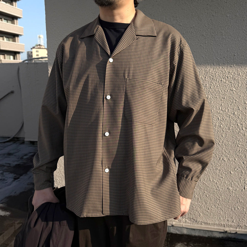 Kaptain Sunshine : Summer Wool Open Collar Shirt (KHAKI PLAID)