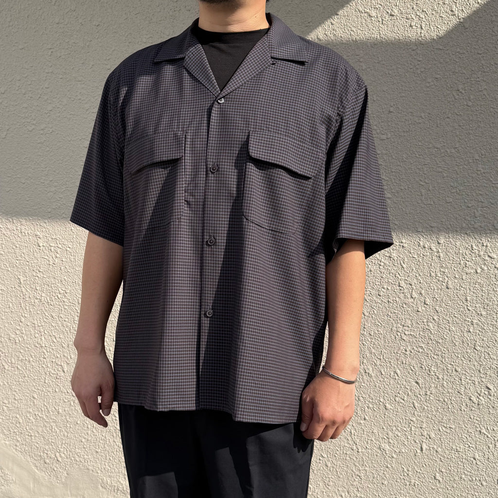 Kaptain Sunshine : Summer Wool Open Collar SS Shirt (BROWN PLAID)