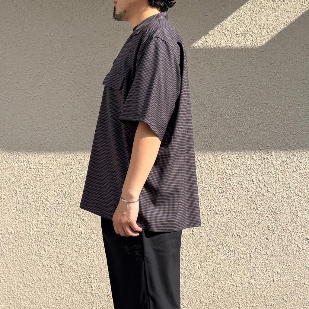 Kaptain Sunshine : Summer Wool Open Collar SS Shirt (BROWN PLAID)