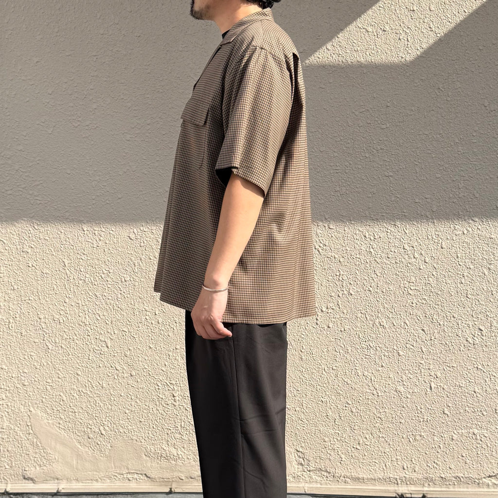 Kaptain Sunshine : Summer Wool Open Collar SS Shirt (KHAKI PLAID)