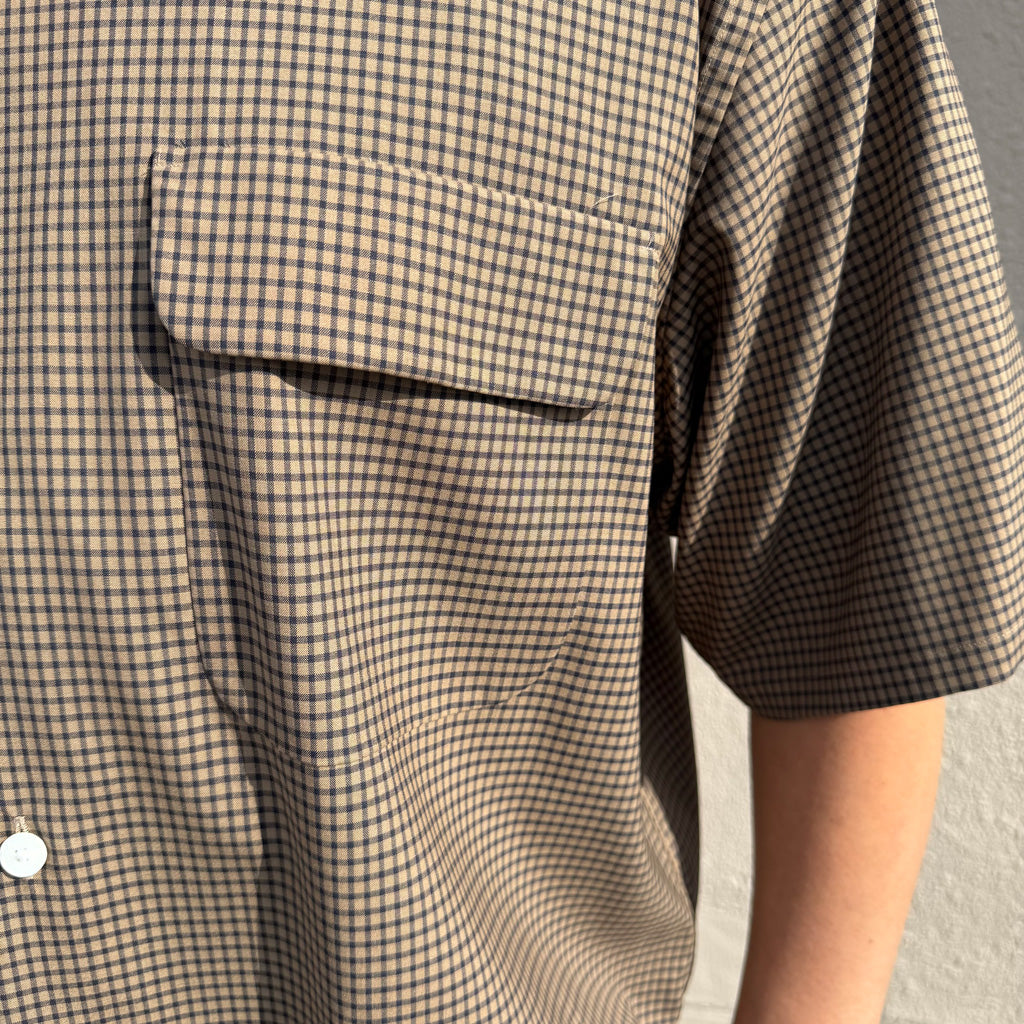 Kaptain Sunshine : Summer Wool Open Collar SS Shirt (KHAKI PLAID)