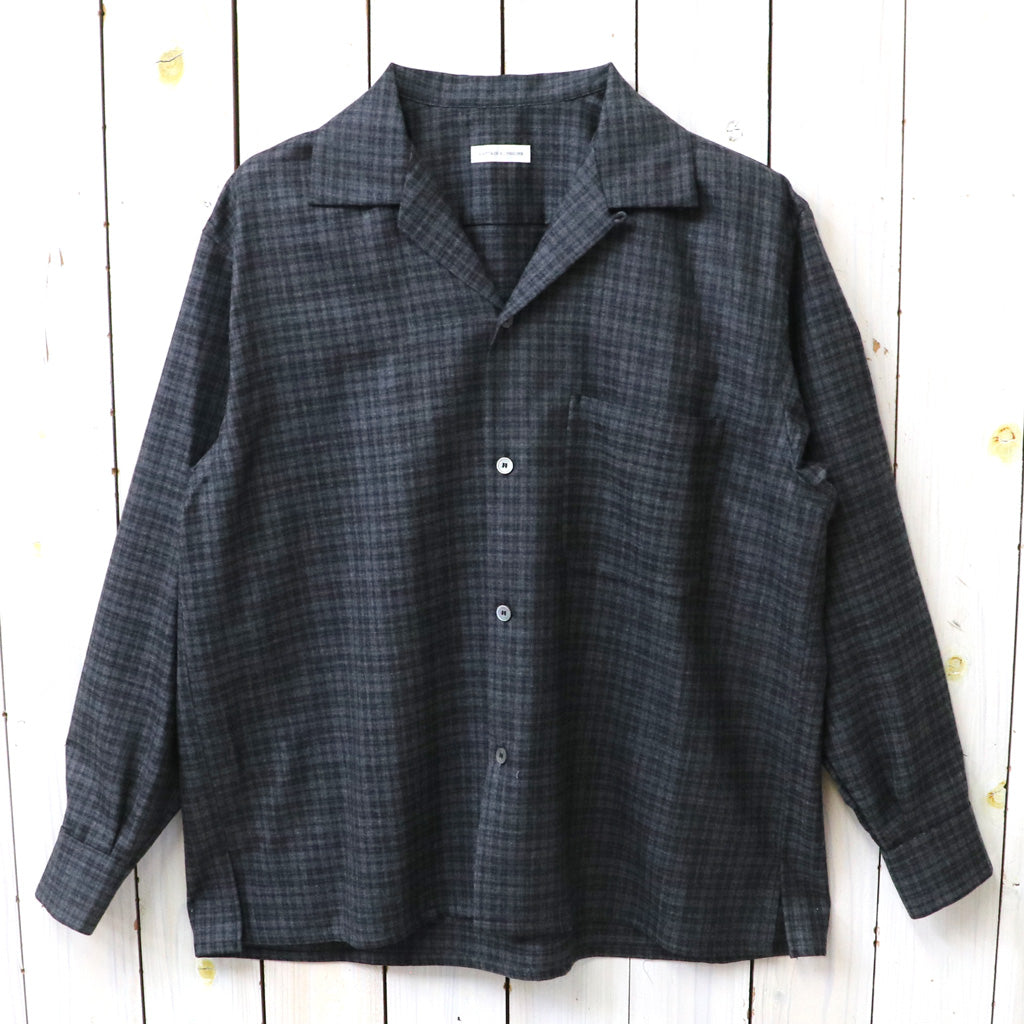 Kaptain Sunshine : Wool Plaid Open Collar Shirt (CHARCOAL)