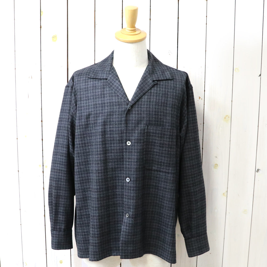 Kaptain Sunshine : Wool Plaid Open Collar Shirt (CHARCOAL)
