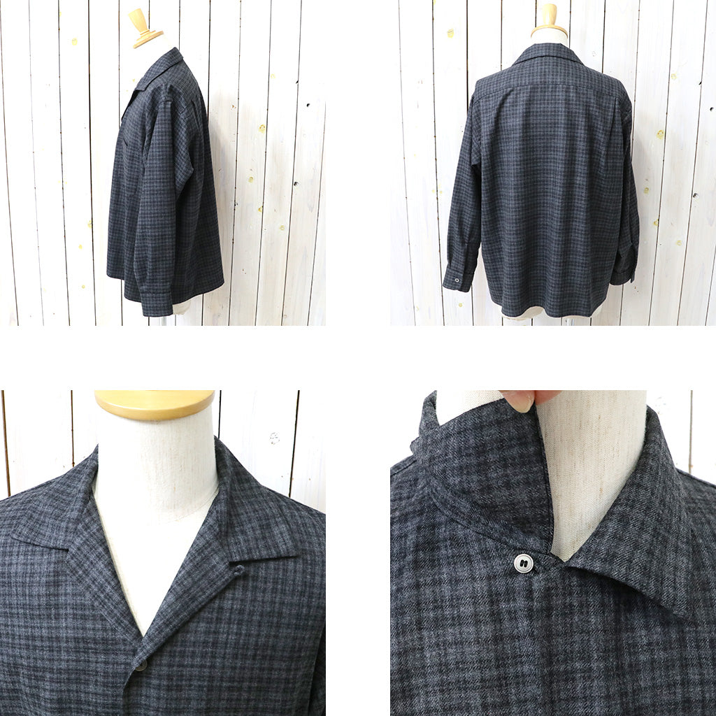 Kaptain Sunshine : Wool Plaid Open Collar Shirt (CHARCOAL)