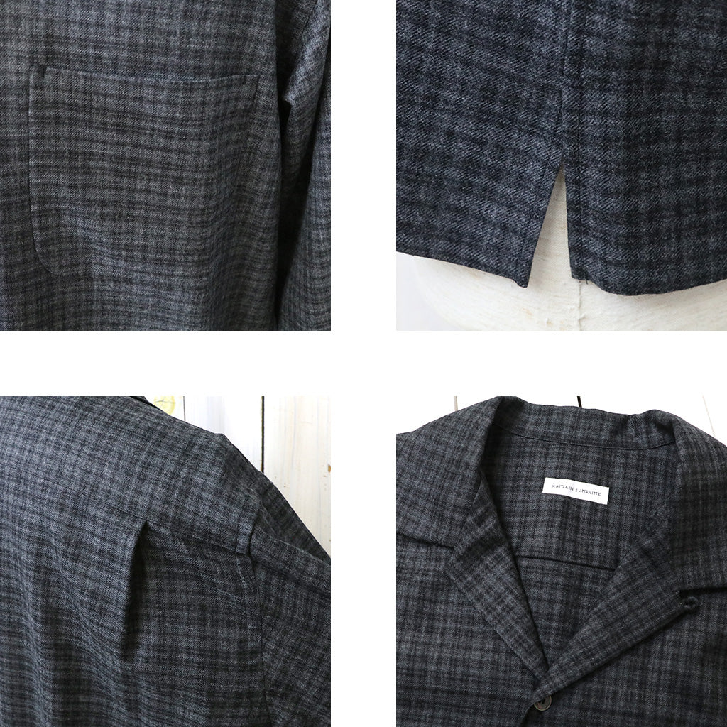 Kaptain Sunshine : Wool Plaid Open Collar Shirt (CHARCOAL)