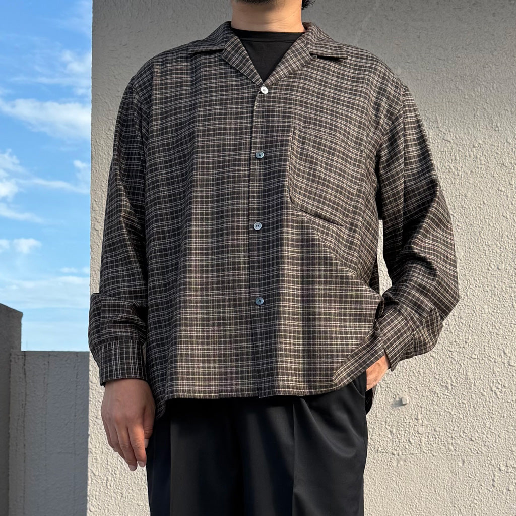 Kaptain Sunshine : Wool Plaid Open Collar Shirt (BROWN)