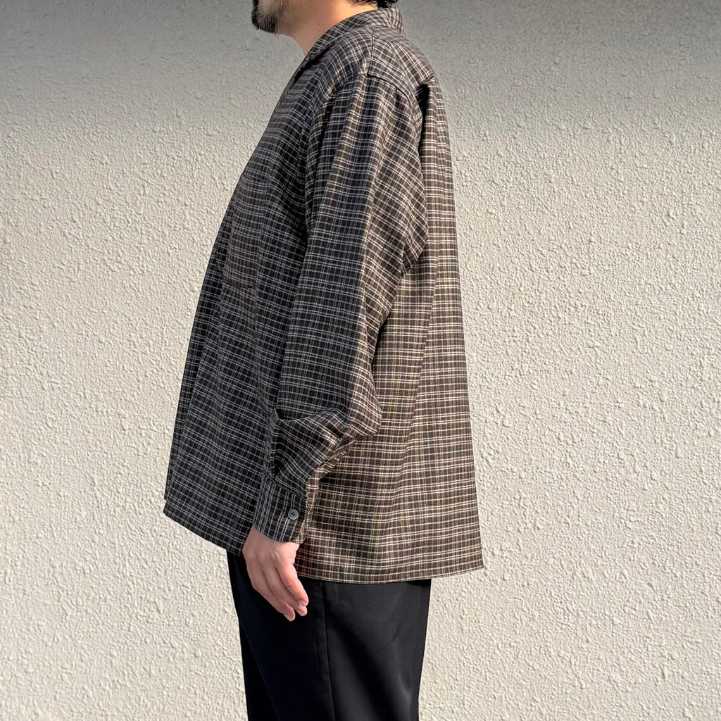 Kaptain Sunshine : Wool Plaid Open Collar Shirt (BROWN)