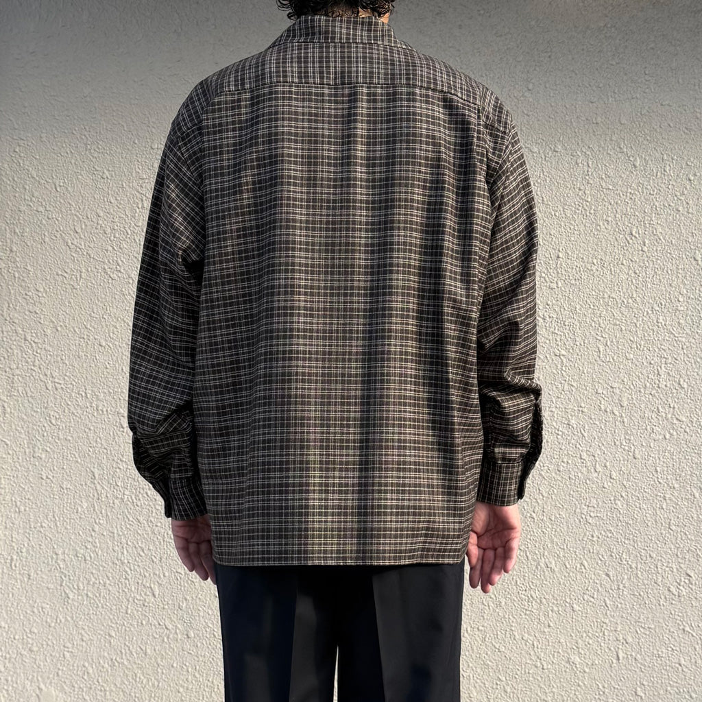 Kaptain Sunshine : Wool Plaid Open Collar Shirt (BROWN)