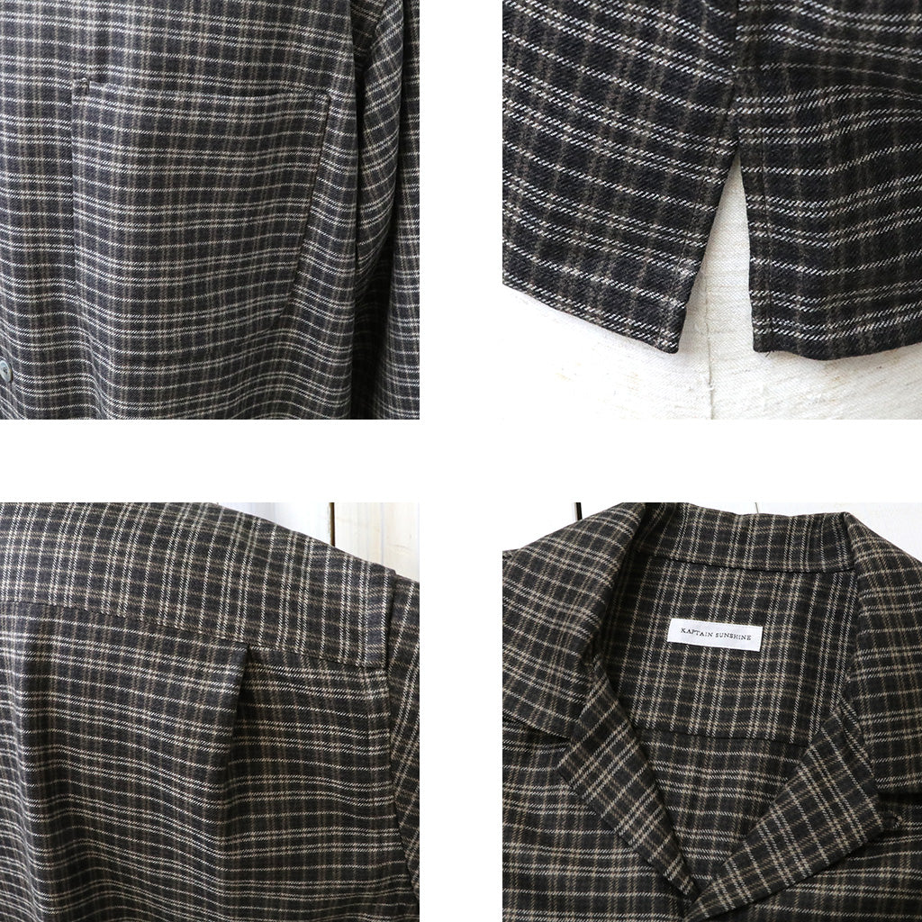 Kaptain Sunshine : Wool Plaid Open Collar Shirt (BROWN)